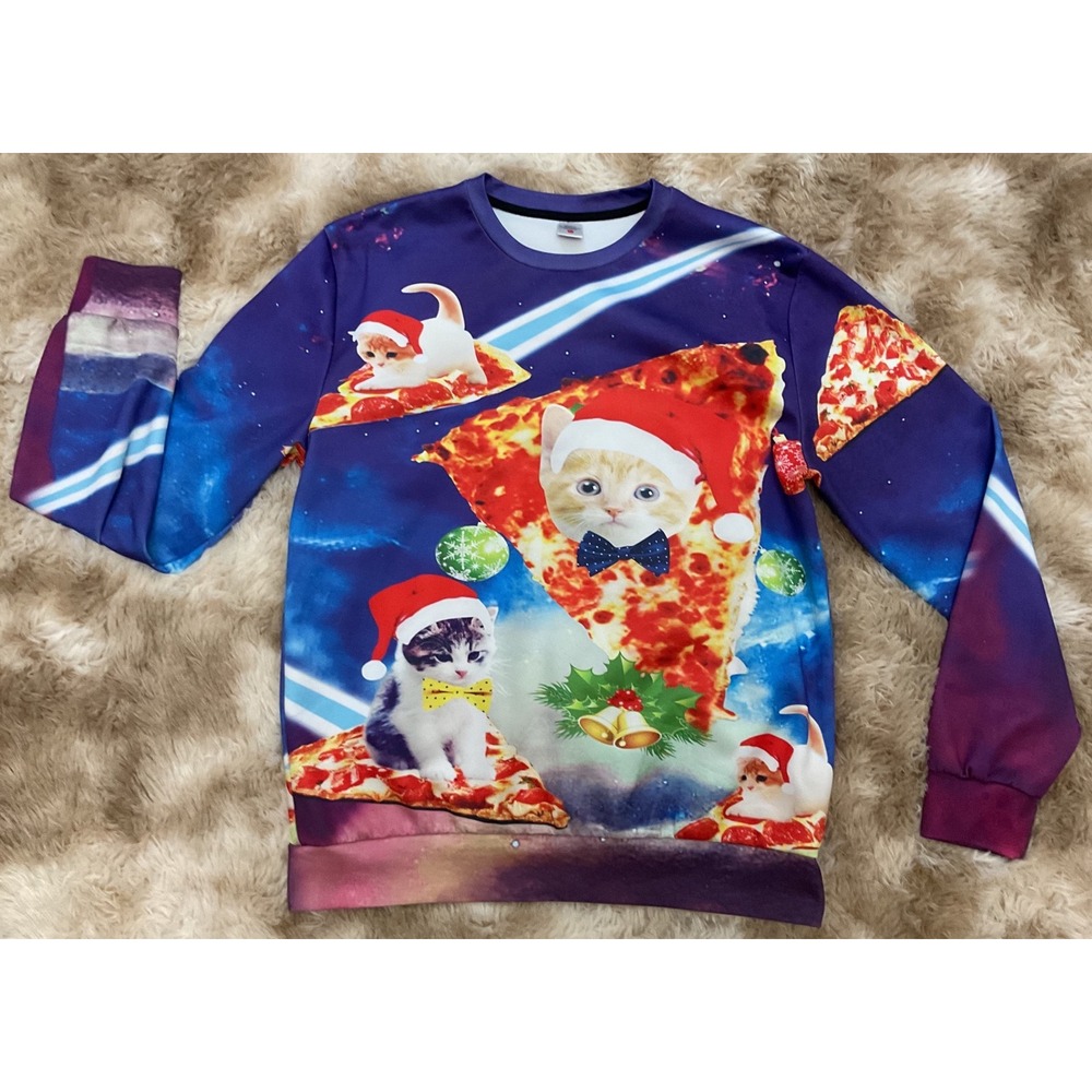Christmas Space Cat Pizza Galaxy Graphic Sweatshirt Purple Holiday Unisex L - Picture 3 of 5